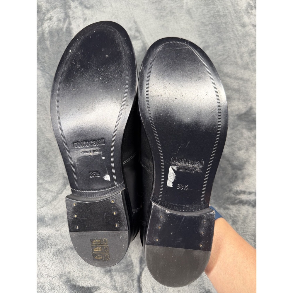 Roberto Cavalli Women 38.5 Black Leather Loafers Gold Logo Made in Italy - Picture 9 of 13